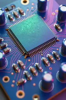 Close-up of Printed Circuit Board with Microchip and Components