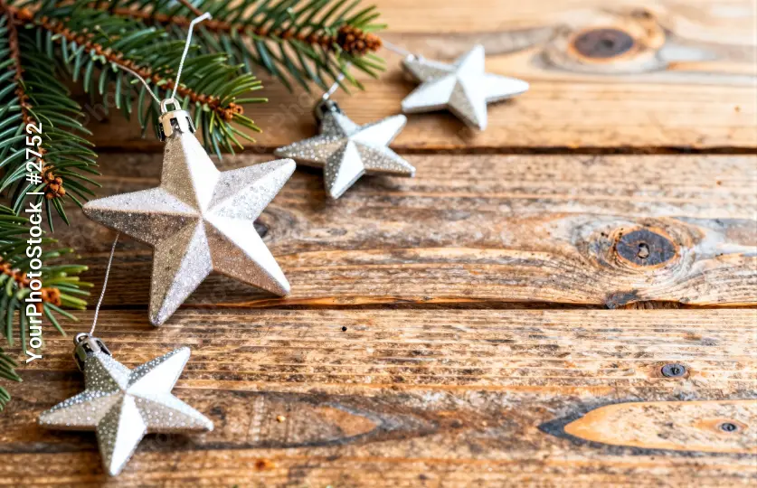 Rustic Wooden Background with Pine Branches and Stars for Crafting