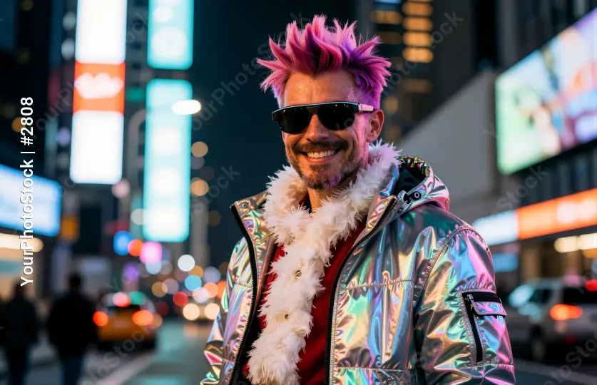 Vivid City Nightlife man christmas cyberpunk smiling