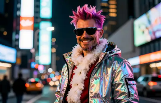 Vivid City Nightlife man christmas cyberpunk smiling