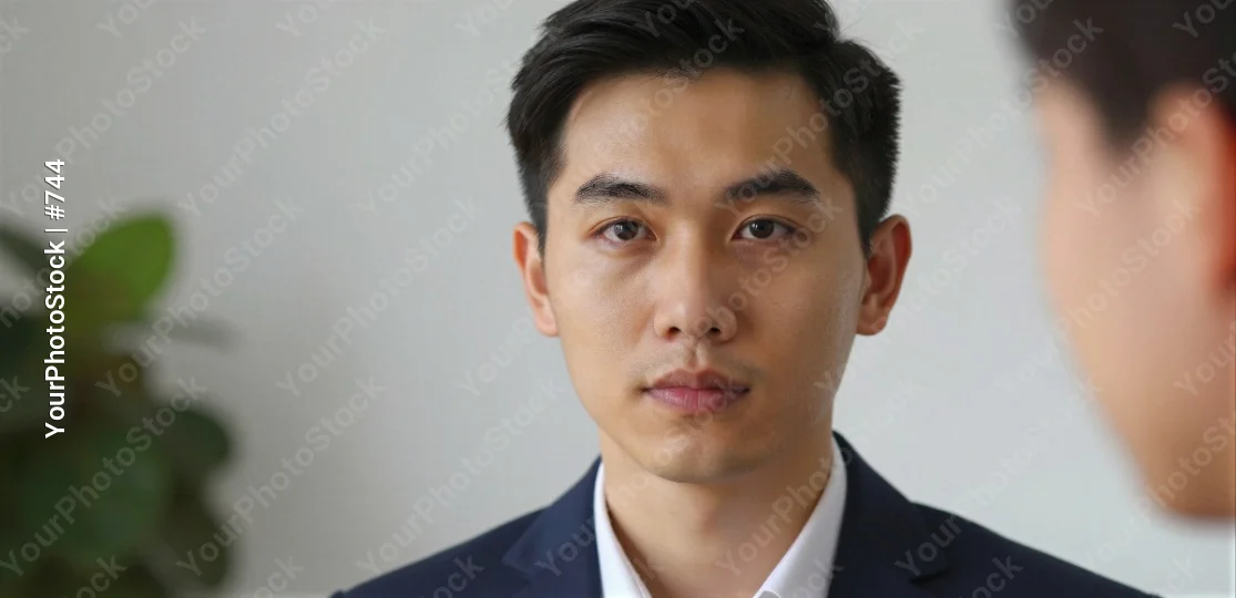 Young Asian Man in Serious Business Suit Looking Directly at Camera