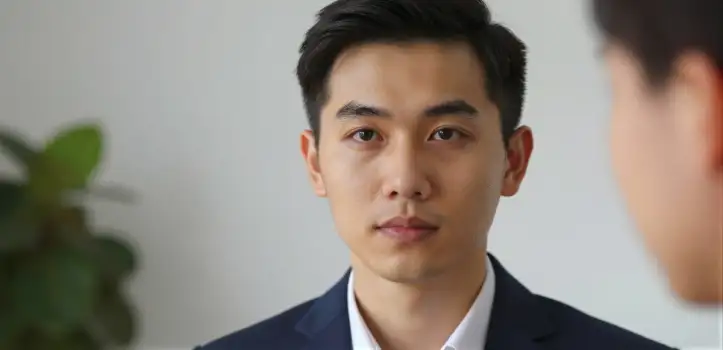 Young Asian Man in Serious Business Suit Looking Directly at Camera