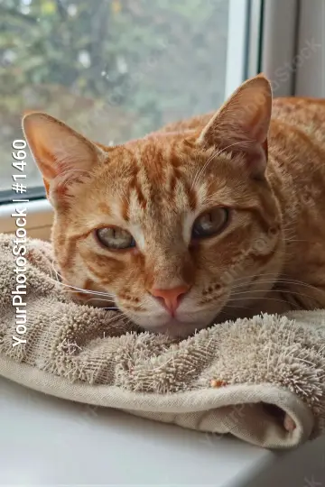 Relaxing Orange Tabby Cat on Windowsill towel
