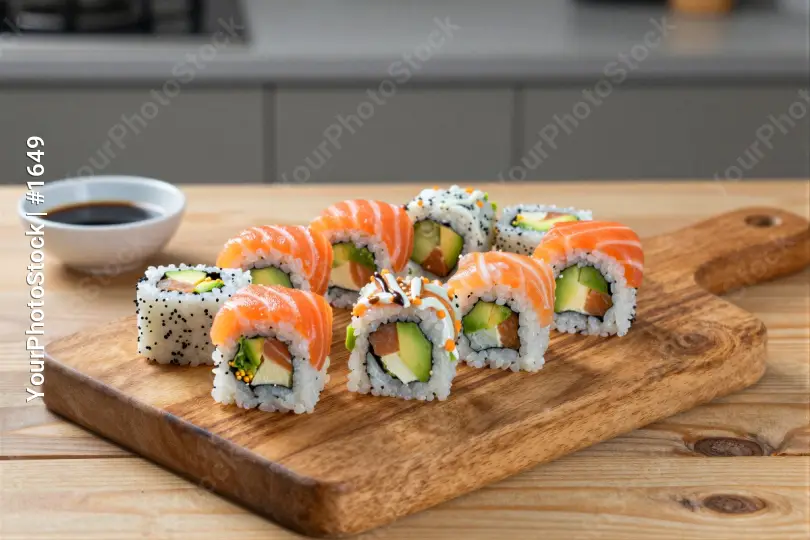 Sushi Rolls on Wooden Cutting Board salmon avocado