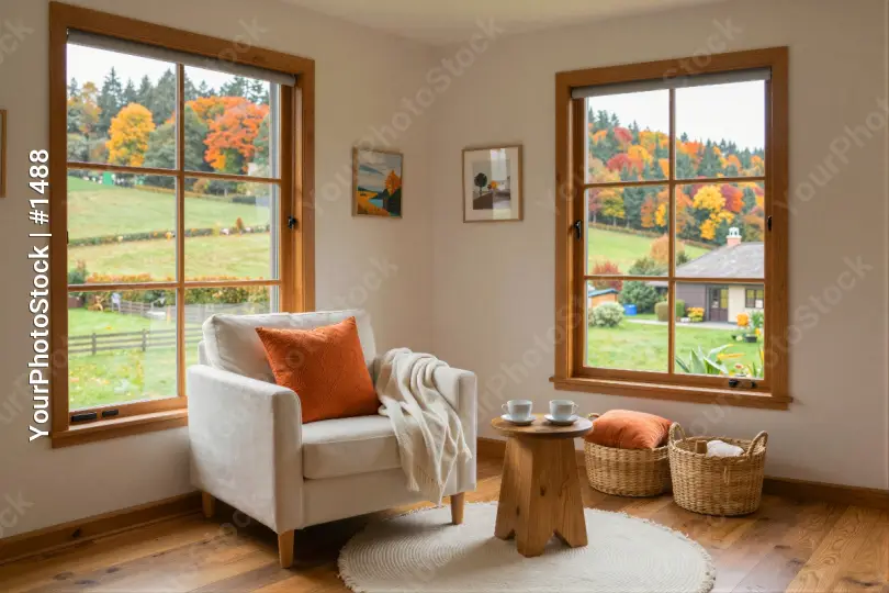 Cozy Living Room with Countryside View wooden windows