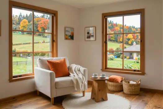 Cozy Living Room with Countryside View wooden windows