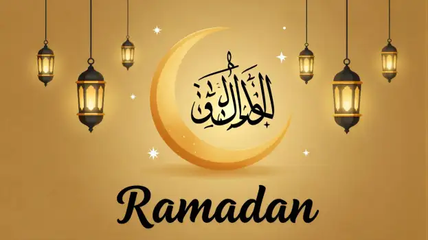 Ramadan Greeting Card with Crescent Moon and Lanterns