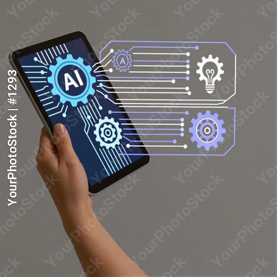 Hand Holding Tablet with AI Gears and Light Bulb