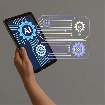 Hand Holding Tablet with AI Gears and Light Bulb