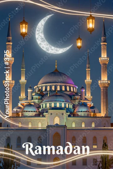 Mosque at Night During Ramadan crescent moon lanterns