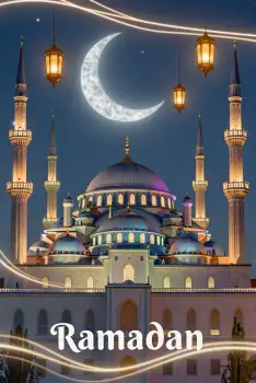 Mosque at Night During Ramadan crescent moon lanterns