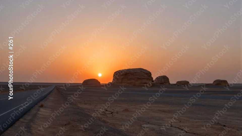 Vast Desert Landscape with Setting Sun and Rock Formations