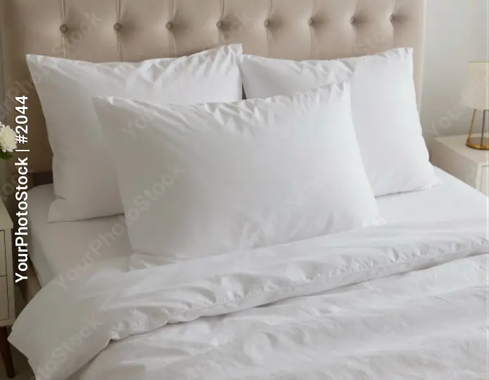 Bedroom with White Sheets and Plush Pillows tufted headboard hotel