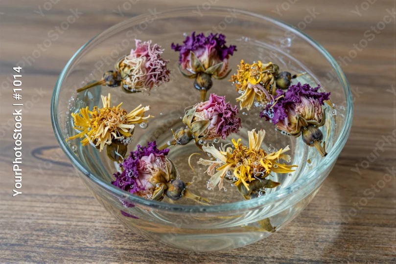 Dried Flowers Floating in Water on Wood wooden surface