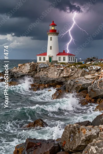 Dramatic Lighthouse on Rocky Coastline During Thunderstorm