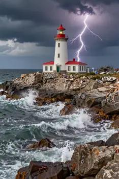 Dramatic Lighthouse on Rocky Coastline During Thunderstorm