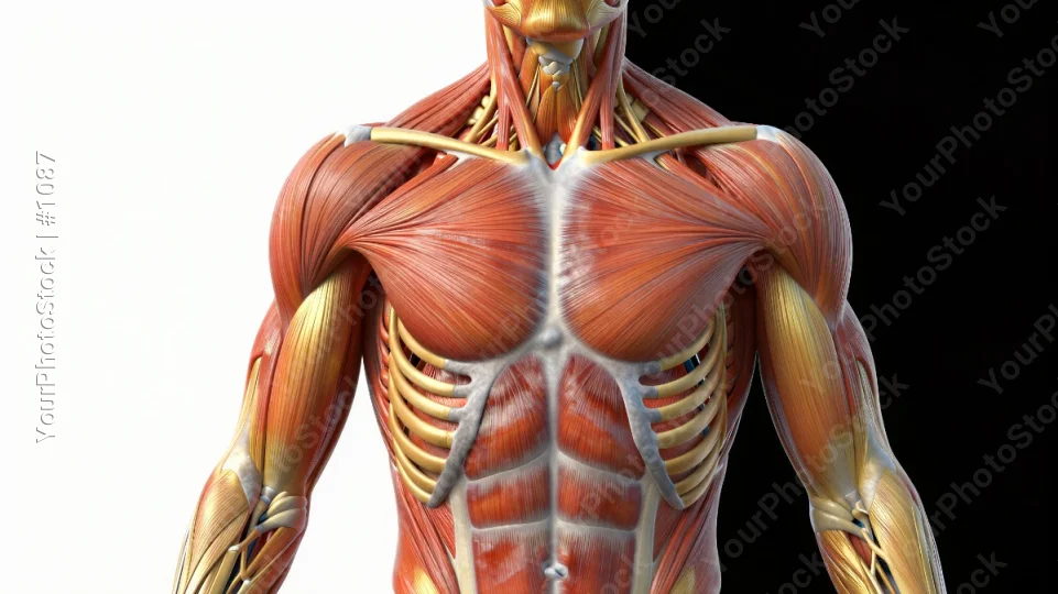 3D Model: Symmetrical Upper Body Muscles Highlighted in Red and Yellow