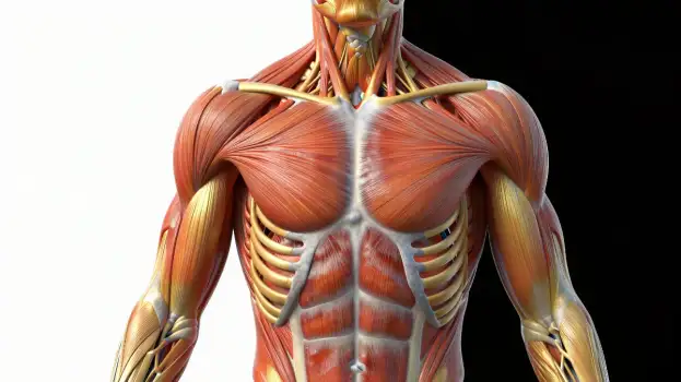 3D Model: Symmetrical Upper Body Muscles Highlighted in Red and Yellow