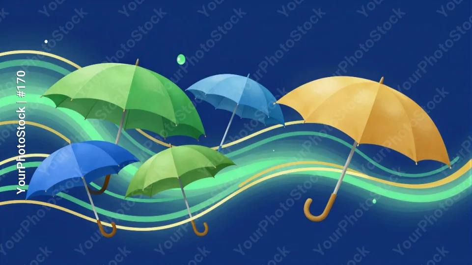Five colorful umbrellas flying in sky overlapping