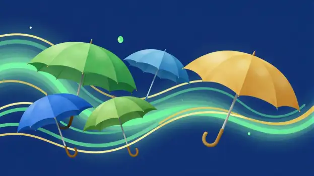 Five colorful umbrellas flying in sky overlapping