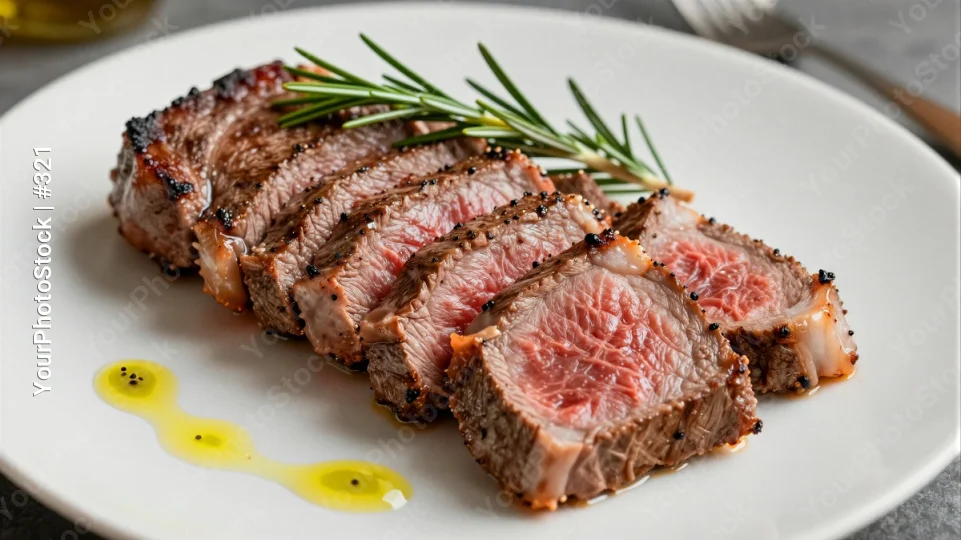 Medium-rare sliced steak with rosemary and olive oil