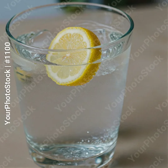 Close-up of Glass Water with Lemon Slice and Ice Cubes
