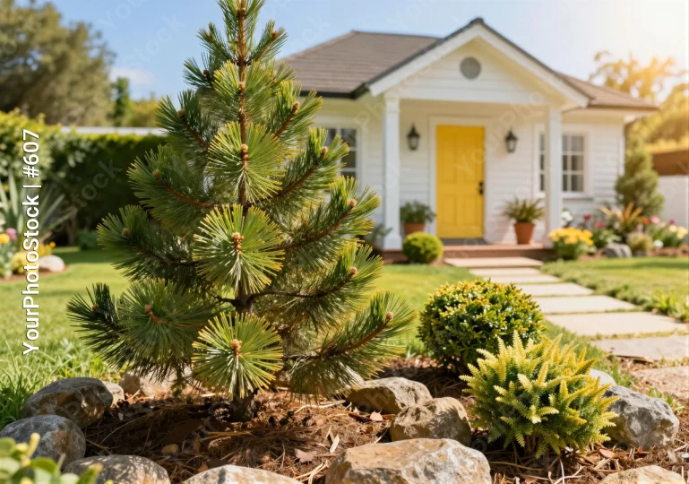 Small white house with yellow door in a well-manicured garden