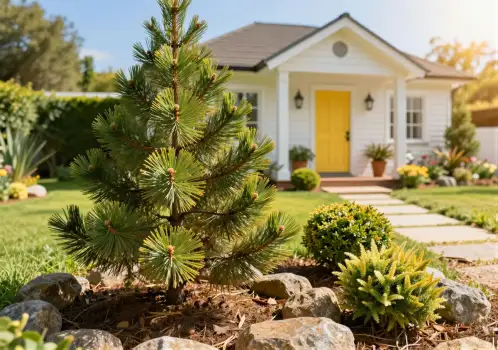 Small white house with yellow door in a well-manicured garden