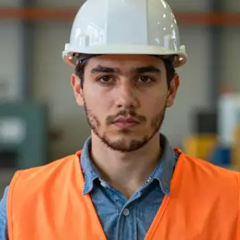 Young Man in Safety Gear Standing in Warehouse construction