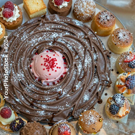 Chocolate Cake with Swirl Design and Pastries