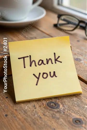 Thank You Note on Wooden Table sticky note coffee