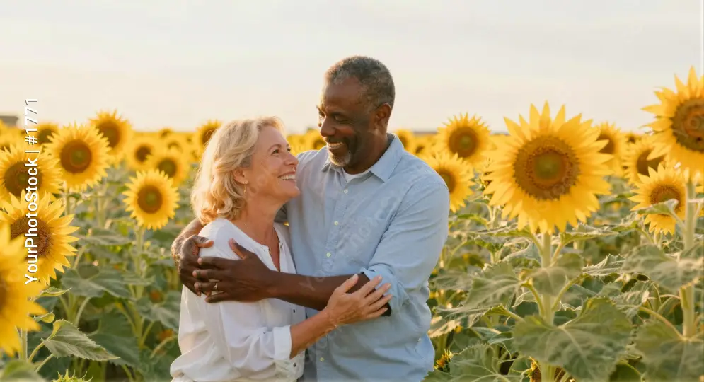 Middle-aged couple embracing in a sunflower field