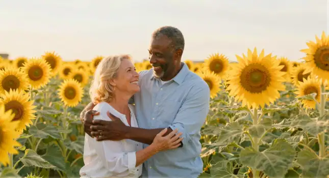 Middle-aged couple embracing in a sunflower field