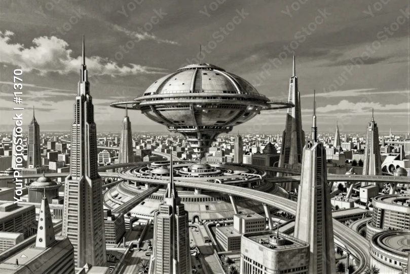 Futuristic Cityscape with Cloudy Sky and Metal Dome