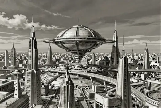 Futuristic Cityscape with Cloudy Sky and Metal Dome