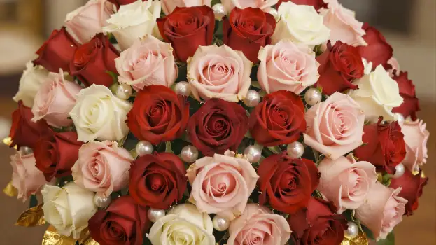 Close-up of elegant red, pink and white roses with cascading petals