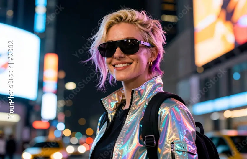 Stylish Woman with Purple Hair on a City Street at Night cyberpunk