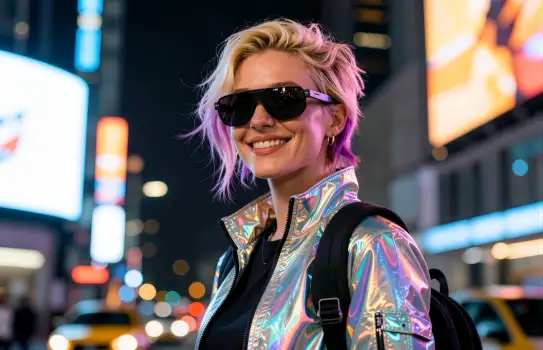 Stylish Woman with Purple Hair on a City Street at Night cyberpunk