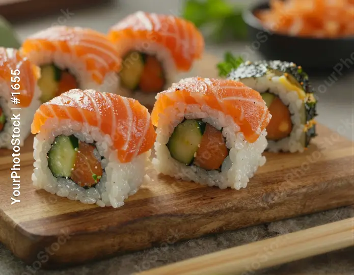 Wooden Cutting Board with Sushi Rolls white rice