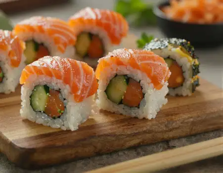 Wooden Cutting Board with Sushi Rolls white rice