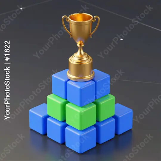 Golden Trophy on Blue Green Pyramid Structure statup