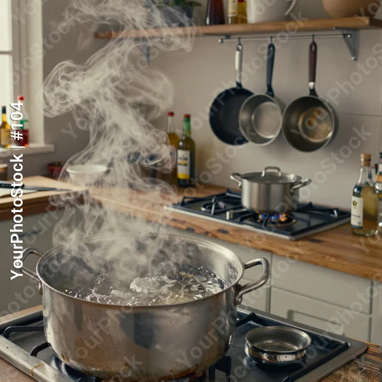 Boiling Water on Gas Stove in Kitchen stainless steel pot