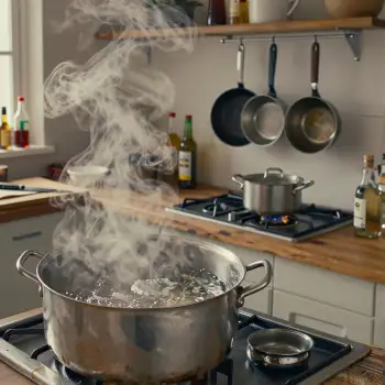 Boiling Water on Gas Stove in Kitchen stainless steel pot