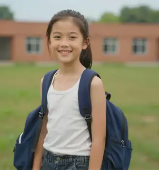 Happy young girl standing in front of brick building student
