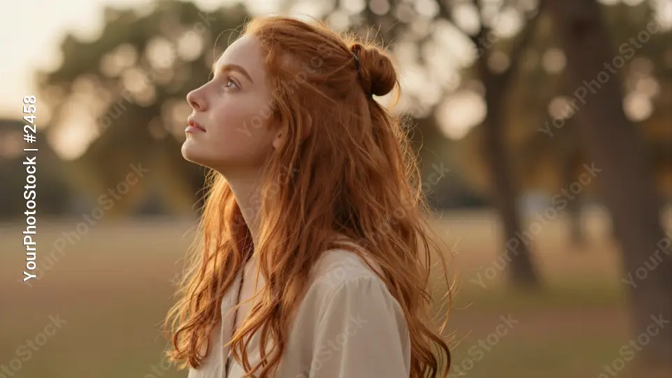 Serene Woman with Red Hair in Park garden peaceful