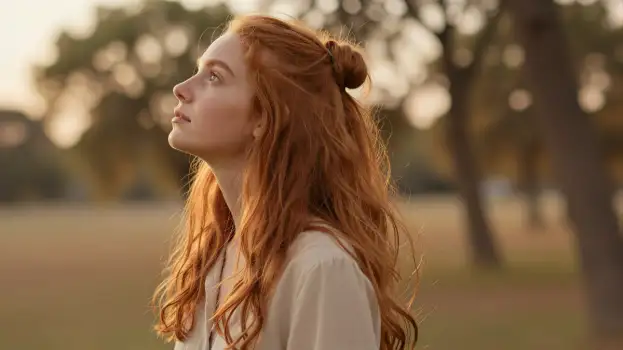 Serene Woman with Red Hair in Park garden peaceful