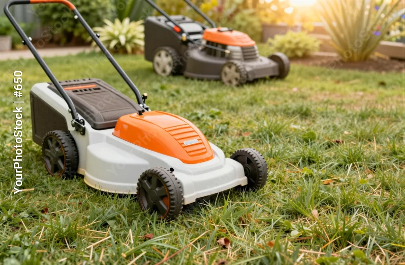 Two orange and white lawn mowers side by side mowing grass