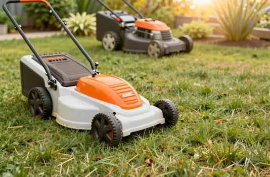 Two orange and white lawn mowers side by side mowing grass