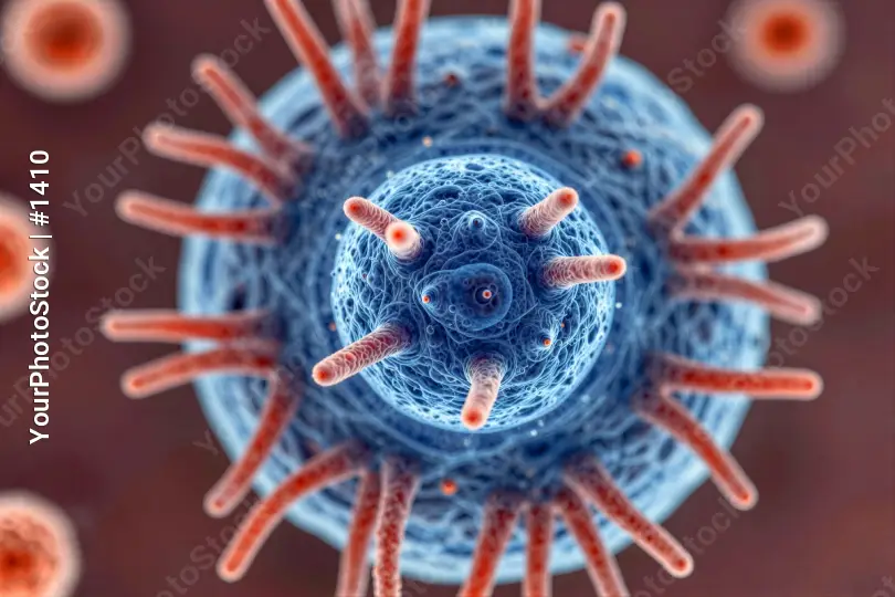 Microscopic View of Spherical Virus with Orange Spikes