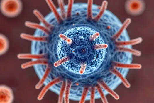 Microscopic View of Spherical Virus with Orange Spikes